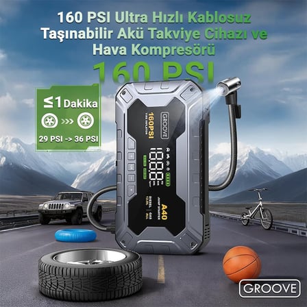 GROOVE A40 27000mAh 8000A Akü Takviye Cihazı+Lastik Şişirme Pompası Kompresörlü Jump Starter (Çanta+Powerbank+Led Lamba+LCD Ekran)