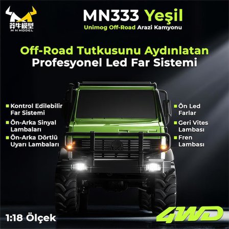 MN Model MN333 1/18 Mercedes Unimog U4000 4WD RC Crawler Offroad Uzaktan Kumandalı Araba Arazi Aracı Model Car Truck RTR Yeşil MN-333 +Dahili Işık Seti