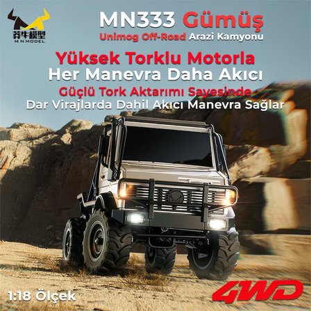 MN Model MN333 1/18 Mercedes Unimog U4000 4WD RC Crawler Offroad Uzaktan Kumandalı Araba Arazi Aracı Model Car Truck RTR Gümüş MN-333 +Dahili Işık Seti