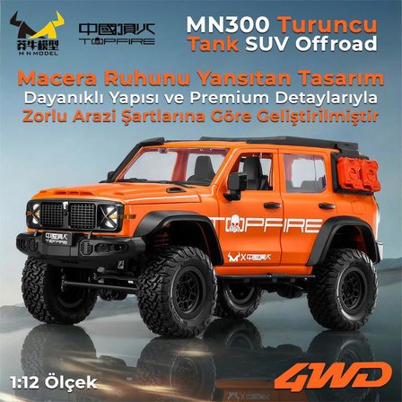 MN Model MN300 1/12 Tank SUV 4WD RC Crawler Offroad Uzaktan Kumandalı Araba Arazi Aracı Model Car Truck RTR Turuncu MN-300 +Dahili Işık Seti