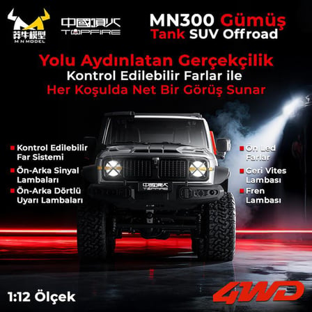 MN Model MN300 1/12 Tank SUV 4WD RC Crawler Offroad Uzaktan Kumandalı Araba Arazi Aracı Model Car Truck RTR Gümüş MN-300 +Dahili Işık Seti