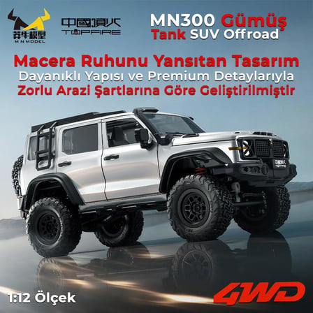 MN Model MN300 1/12 Tank SUV 4WD RC Crawler Offroad Uzaktan Kumandalı Araba Arazi Aracı Model Car Truck RTR Gümüş MN-300 +Dahili Işık Seti