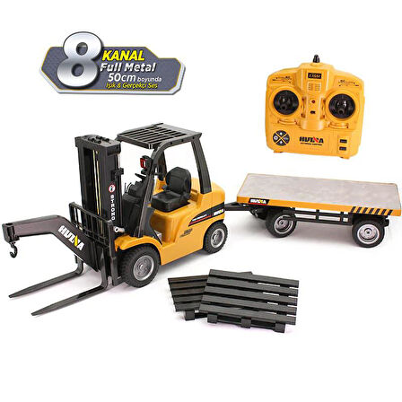 HUINA 1576 1/10 Yüksek Kalite RC Model Forklift & Römork Vinç Set İş Makinesi RC Uzaktan Kumandalı Metal -2.4G 8 Kanal Full Fonksiyon Sesli&Işıklı