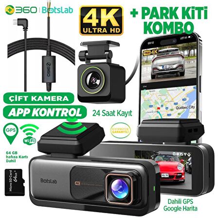 360+ G980H Ön Gerçek 4K 3840x2160p UHD - Arka 1080P FHD 170° Geniş Açı Lens Gece Görüşü Dahili Gps + Park Modu Bağlantı Kablosu Combo 