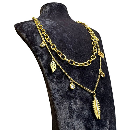 Uretti - İREM 3914 9162 Yaprak Detaylı İkili Çelik Kolye