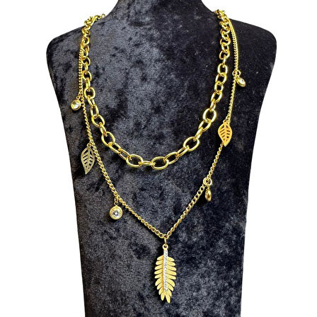 Uretti - İREM 3914 9162 Yaprak Detaylı İkili Çelik Kolye