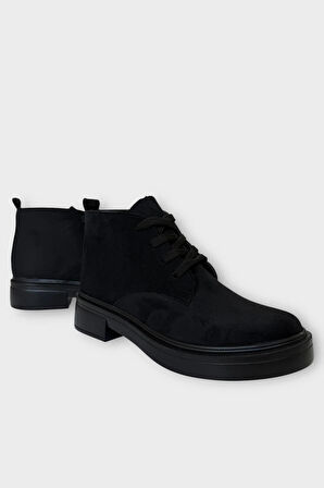 Kadın Nubuk Bağcıklı Yüksek Kauçuk Taban Bot SİYAH
