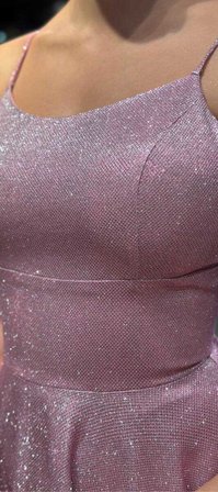Pembe İp Askılı  Sırt Dekolteli  Kloş Etekli Simli Uzun Abiye Elbise 7601