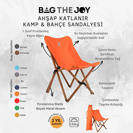 BAG THE JOY KATLANIR AHŞAP KAMP ve BAHÇE SANDALYESİ – KAHVERENGİ İSKELET – TURUNCU KILIF