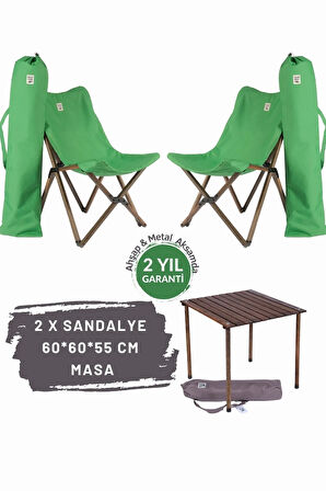 Bag The Joy Ahşap Katlanır Masa Sandalye Seti Antrasit Iskelet Yeşil Kılıf -60x60x55 Masa