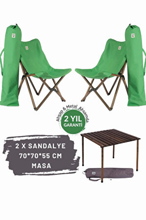 Bag The Joy Ahşap Katlanır Masa Sandalye Seti Antrasit Iskelet Yeşil Kılıf -70x70x55 Masa