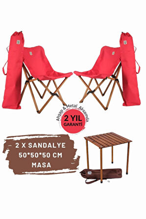 Bag The Joy Ahşap Katlanır Masa Sandalye Seti Kahverengi Iskelet Kırmızı Kılıf -50x50x50 Masa