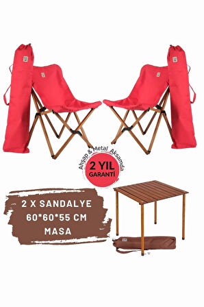 Bag The Joy Ahşap Katlanır Masa Sandalye Seti Kahverengi Iskelet Kırmızı Kılıf -60x60x55 Masa