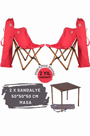 Bag The Joy Ahşap Katlanır Masa Sandalye Seti Antrasit Iskelet Kırmızı Kılıf -50x50x50 Masa