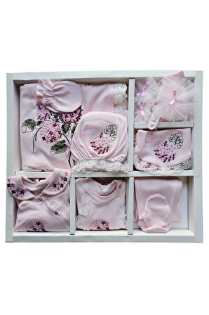 Pembe Natural Işlemeli Çiçek Desenli  Hastane Çıkış Seti 10'lu