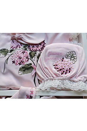 Pembe Natural Işlemeli Çiçek Desenli  Hastane Çıkış Seti 10'lu