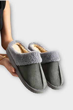 Kadın İçi Yünlü Sıcak Tutan Kışlık Ev Terliği FÜME