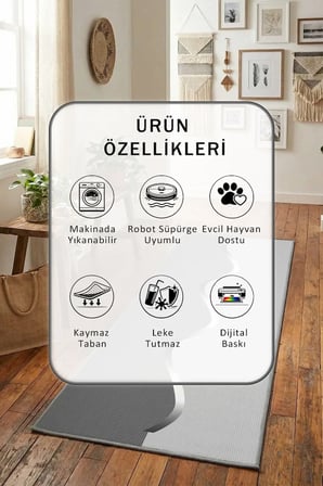 Gri Tek Çizgi S Dijital Baskılı Kaymaz Yıkanabilir Yolluk - Leke Tutmaz Gri