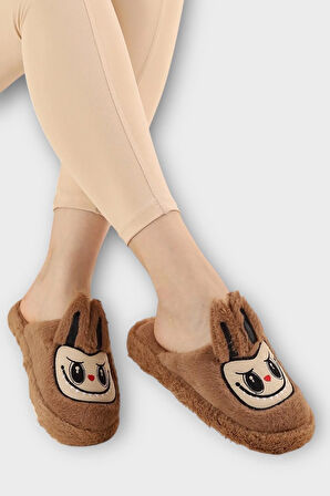 Sevimli Tavşan Figürlü Sıcak Tutan Kışlık Kadın Ev Terliği KAHVERENGİ