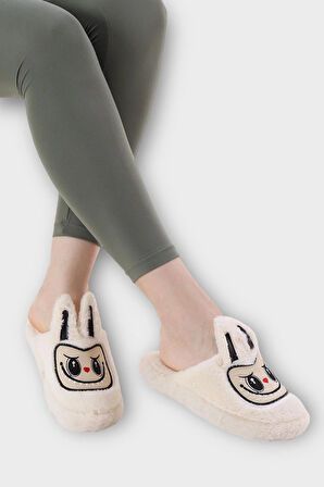 Sevimli Tavşan Figürlü Sıcak Tutan Kışlık Kadın Ev Terliği BEYAZ