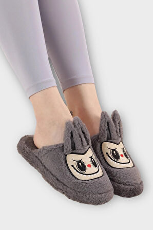 Sevimli Tavşan Figürlü Sıcak Tutan Kışlık Kadın Ev Terliği FÜME