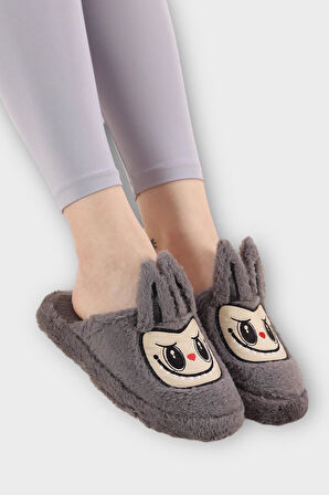 Sevimli Tavşan Figürlü Sıcak Tutan Kışlık Kadın Ev Terliği FÜME