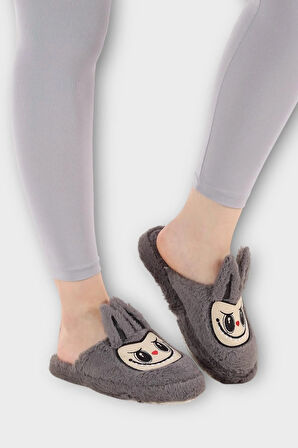 Sevimli Tavşan Figürlü Sıcak Tutan Kışlık Kadın Ev Terliği FÜME