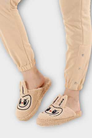 Sevimli Tavşan Figürlü Sıcak Tutan Kışlık Kadın Ev Terliği BEJ