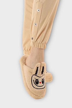 Sevimli Tavşan Figürlü Sıcak Tutan Kışlık Kadın Ev Terliği BEJ