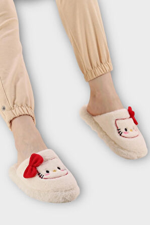 HelloKitty Figürlü Sıcak Tutan Kışlık Kadın Ev Terliği BEYAZ - KIRMIZI