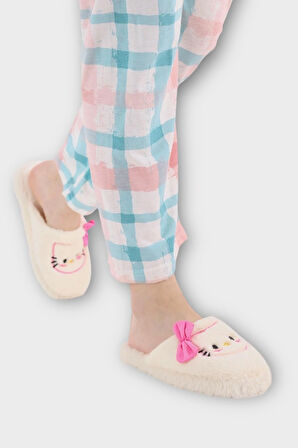 HelloKitty Figürlü Sıcak Tutan Kışlık Kadın Ev Terliği BEYAZ - PEMBE