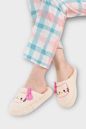 HelloKitty Figürlü Sıcak Tutan Kışlık Kadın Ev Terliği BEYAZ - PEMBE