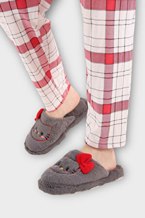 HelloKitty Figürlü Sıcak Tutan Kışlık Kadın Ev Terliği FÜME - KIRMIZI