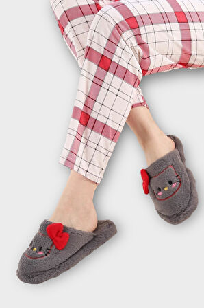 HelloKitty Figürlü Sıcak Tutan Kışlık Kadın Ev Terliği FÜME - KIRMIZI