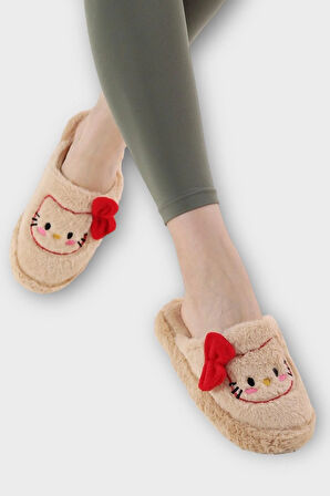 HelloKitty Figürlü Sıcak Tutan Kışlık Kadın Ev Terliği BEJ - KIRMIZI