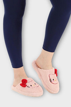 HelloKitty Figürlü Sıcak Tutan Kışlık Kadın Ev Terliği PUDRA-KIRMIZI