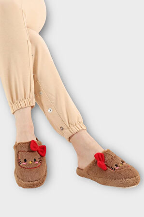 HelloKitty Figürlü Sıcak Tutan Kışlık Kadın Ev Terliği KAHVERENGİ-KIRMIZI