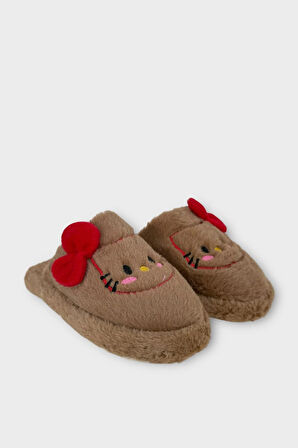 HelloKitty Figürlü Sıcak Tutan Kışlık Kadın Ev Terliği KAHVERENGİ-KIRMIZI