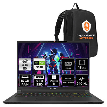 MSI Stealth 16 HX AI Ultra 9 285H 16GB 4TB SSD RTX5070/8GB 16" QHD+ 240Hz OLED W11H Gaming Laptop