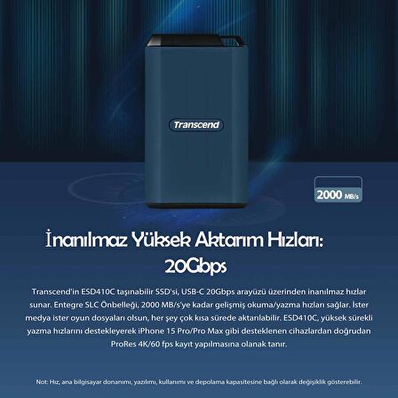 Transcend TS2TESD410C 2TB, USB/Type-C 20Gbps, Okuma/Yazma Hızı 2000 MB/s Taşınabilir Harici SSD