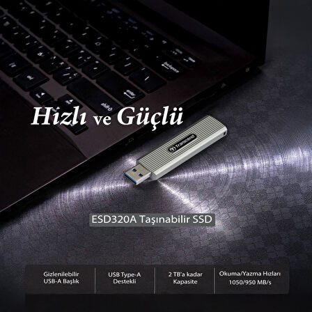 Transcend TS512GESD320A 512GB USB 10Gbps 1050/950MB/s Gizlenebilir Başlıklı Taşınabilir Metal Kasa SSD