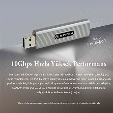 Transcend TS512GESD320A 512GB USB 10Gbps 1050/950MB/s Gizlenebilir Başlıklı Taşınabilir Metal Kasa SSD