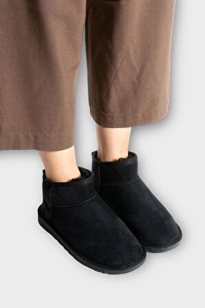 Mini Süet İçi Kürklü Alçak Taban Bilekte Kısa Kadın Bot SİYAH