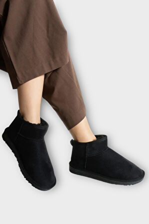 Mini Süet İçi Kürklü Alçak Taban Bilekte Kısa Kadın Bot SİYAH