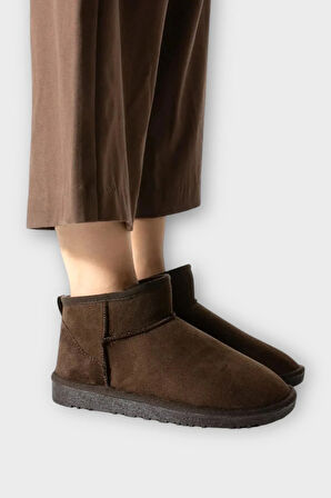 Mini Süet İçi Kürklü Alçak Taban Bilekte Kısa Kadın Bot KAHVERENGİ