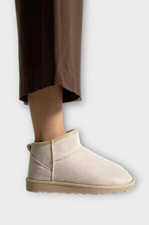 Mini Süet İçi Kürklü Alçak Taban Bilekte Kısa Kadın Bot BEJ