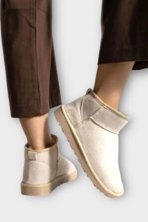 Mini Süet İçi Kürklü Alçak Taban Bilekte Kısa Kadın Bot BEJ