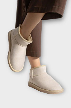 Mini Süet İçi Kürklü Alçak Taban Bilekte Kısa Kadın Bot BEJ