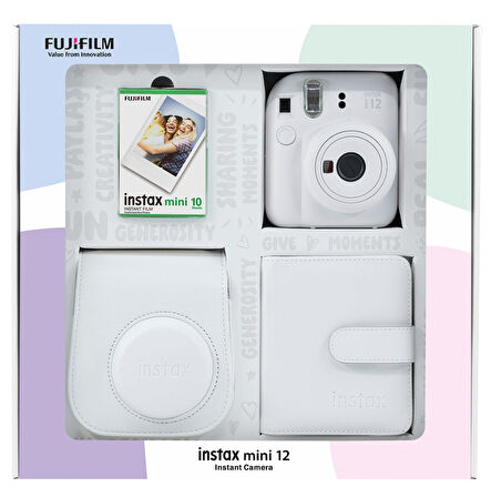 Fujifilm Instax Mini 12 Beyaz Fotoğraf Makinesi 10'lu Film Kare Albüm ve Deri Kılıf