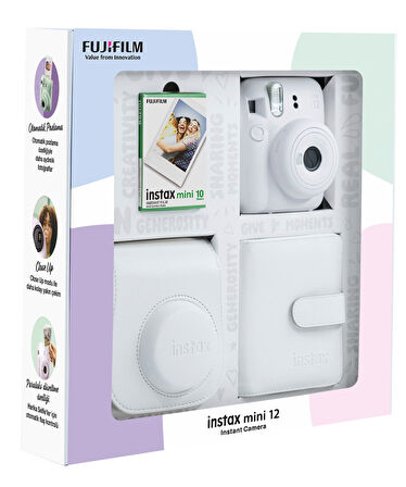 Fujifilm Instax Mini 12 Beyaz Fotoğraf Makinesi 10'lu Film Kare Albüm ve Deri Kılıf